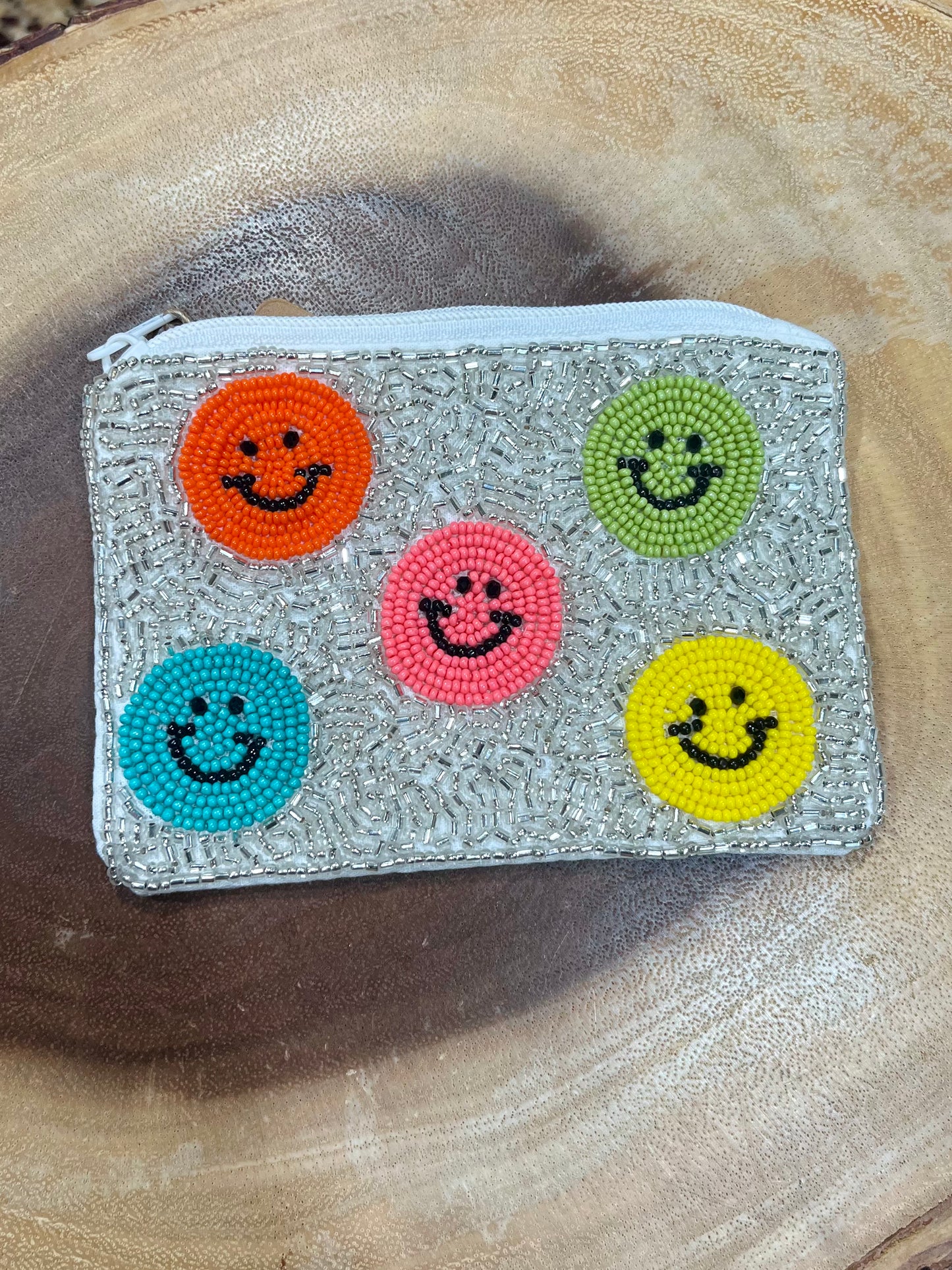 Smiley Beaded Coin & Card Purse