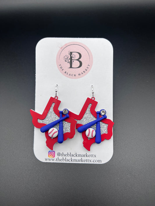 Red & Blue Texas Baseball Earrings