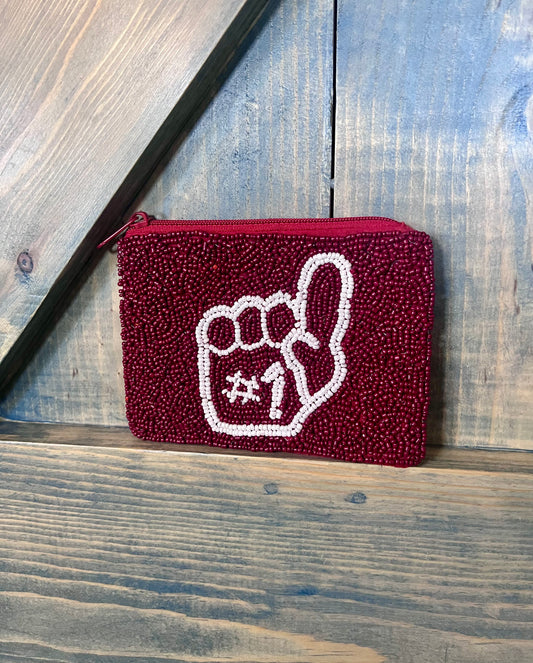 Maroon #1 Beaded Coin & Card Purse